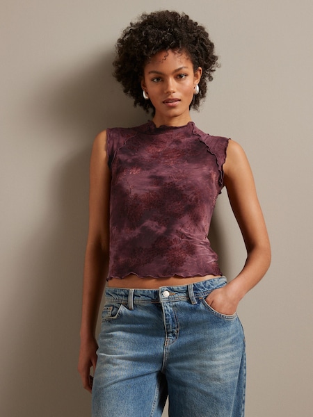 Burgundy Red Lettuce Hem Short Sleeve Marbled Floral Top (664834) | AED70