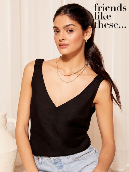Negru - Friends Like These Shirred Strap Decolteu în V Lenjerie de pat Swing Vest (664880) | 111 LEI