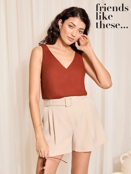 Friends Like These Rust Red Shirred Strap V Neck Linen Swing Vest (664889) | 62 QAR