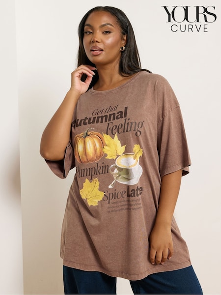 Ruskea - Yours Curve Autumnal Print Relaxed T-shirt