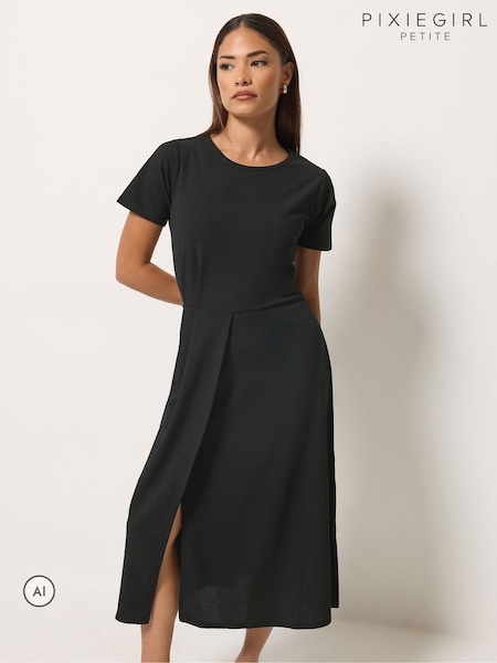 أسود - Pixiegirl Petite Pleat Detail Midi Dress