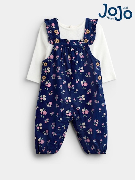Navy Blue Floral - Jojo Maman Bébé Cord Dungarees & Body Set