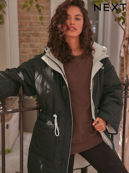 Black Reversible Shower Resistant Hooded Quilted Coat (665198) | €34