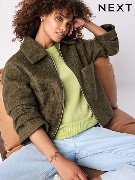 Olive Green Zip Through Short Textured Jacket (665240) | €16