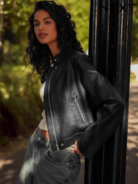 Black Faux Leather Centre Front Collarless Biker Jacket (665279) | AED142