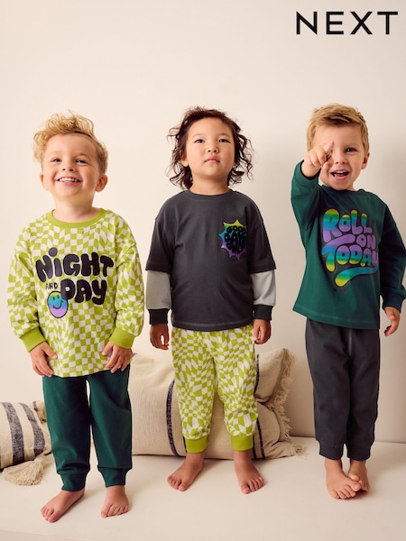 Schachbrettmuster in Schwarz/Grün/Citringelb - 3 Pack Oversized Pyjamas (9mths-10yrs) (665628) | 25 € - 31 €
