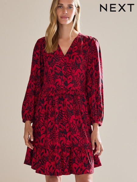 Red Feather Print Long Sleeve Mini V-Neck Dress (666393) | €7