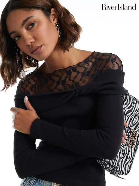 أسود - River Island Long Sleeve Lace Twist T-shirt