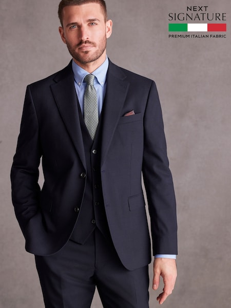 Navy Blue Slim Fit Signature Tollegno Italian Wool Textured Suit Jacket (666504) | €149