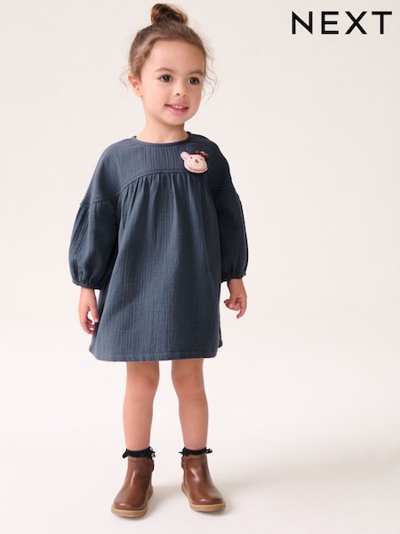 Navy Blue Bear Character Textured 100% Cotton Dress (3mths-8yrs) (666594) | 48 QAR - 58 QAR