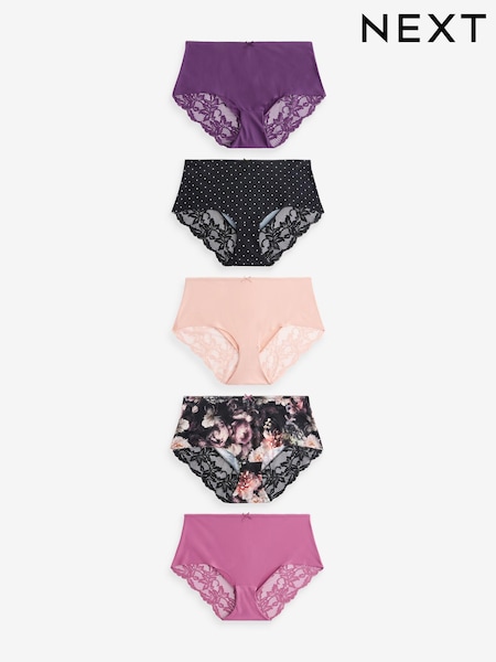 Black Watercolour Floral/Spot/Pink/Purple Midi Lace No VPL Brazilian Briefs 5 Pack (666620) | AED88