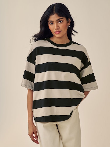 Stone Neutral Stripe Oversized Relaxed Fit Boxy Heavyweight Crew Neck T-Shirt (666803) | kr179