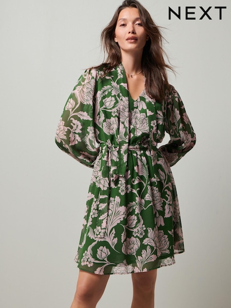 Grün/Pink geblümt - Tie Neck Belted Long Sleeve Mini Dress (666836) | 16 €