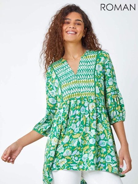 Roman Green Floral Print Boho Smock Top (667167) | ₪201