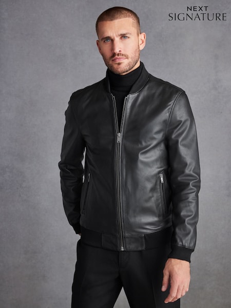 Black Signature Leather Bomber Jacket (667301) | AED591