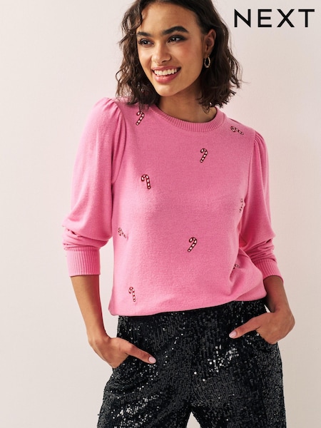 Розовый - Cosy Soft Touch Christmas Candy Cane Festive Sleeve Detail Jumper Top (669349) | €9