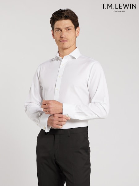 Ağ - Slim Fit Tm Lewin Non-iron Regular Plain Poplin Double Cuff Shirt