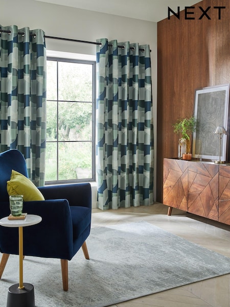 Blue/Green Geometric Shapes Eyelet Lined Curtains (6705M4) | €24 - €66