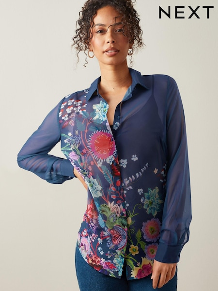 Navy Blue Print Long Sleeve Sheer Shirt (670679) | €18