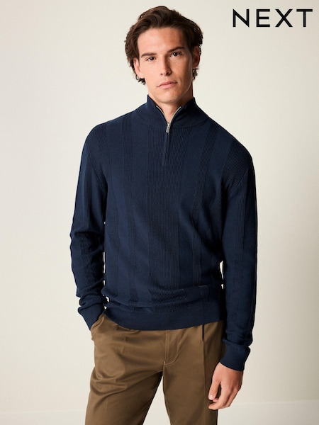 Navy Blue Texture 100% Cotton Regular Fit Quarter Zip Jumper (670714) | €6