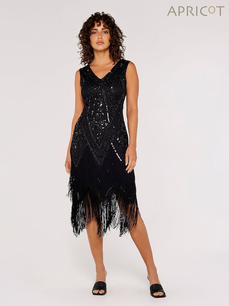 Apricot Black Chevron Sequin Double Frill Gatsby Style Dress (671054) | €25