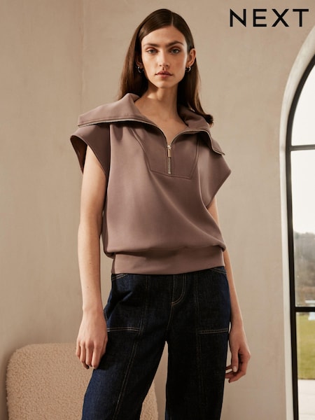 Grey/Purple Premium Slinky Quarter Zip Neck Collared Short Sleeve Top (671353) | €24