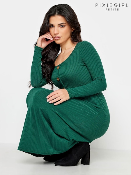 PixieGirl Petite Long Sleeve Ribbed Button Midi Dress (671486) | 114 LEI