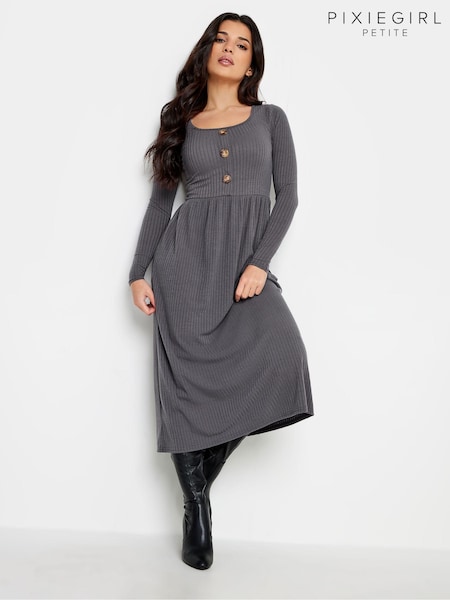 PixieGirl Petite Grey Long Sleeve Ribbed Button Midi Dress (671511) | €49