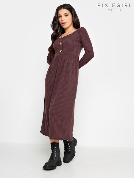 PixieGirl Petite Brown Long Sleeve Ribbed Button Midi Dress (671586) | €49