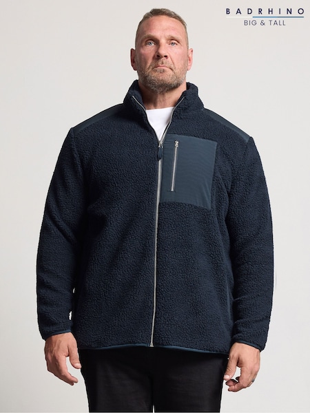 Blue - Regular Badrhino Big & Tall Borg Lined Zip Through Jacket