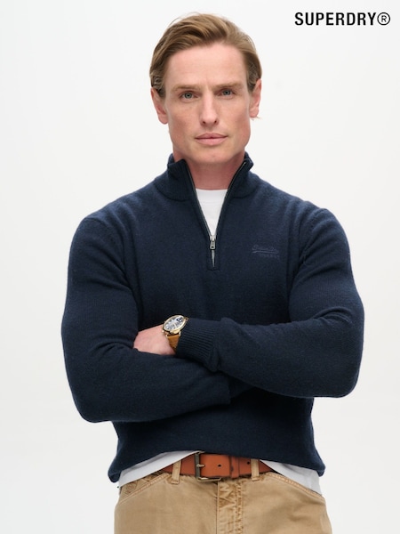 Superdry Navy Marl Essential Embroidered Knit Quarter Zip Jumper (672317) | R$ 495