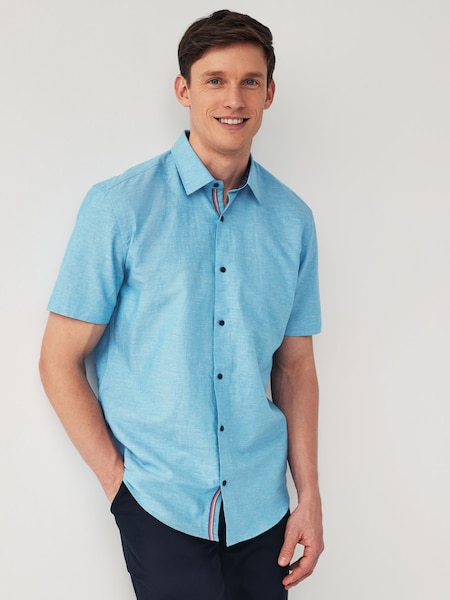 Blue Regular Fit Trimmed Linen Blend Short Sleeve Shirt (672549) | €7