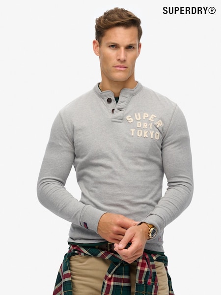 Superdry Grey Grandad Vintage Athletic Long Sleeve 100% Cotton T-Shirt (672667) | €38