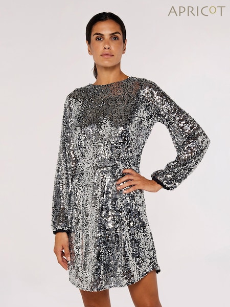 Apricot Silver Sequin Puff Sleeve Tie Waist Dress (673190) | €30