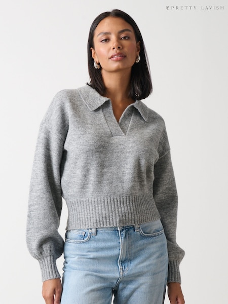 Pretty Lavish Grey Cruz Balloon Sleeve Collared Crop Jumper (673227) | €27