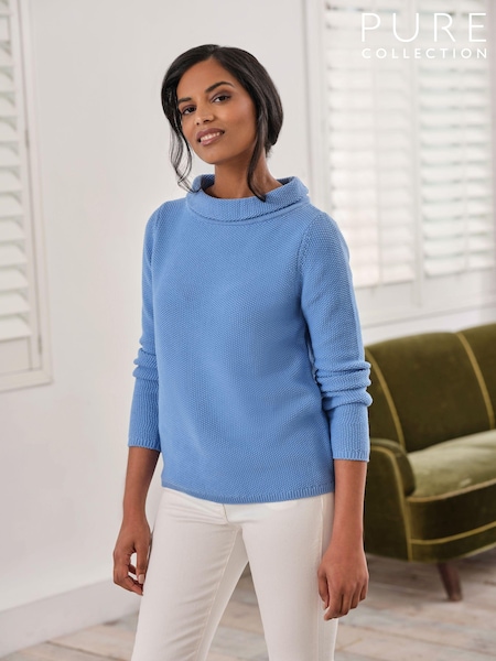 Pure Collection Blue Cotton Bardot Neck Sweater (673228) | €57