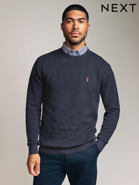 Navy Blue Gingham Crew Neck Regular 100% Cotton Mock Shirt Jumper (673263) | €9
