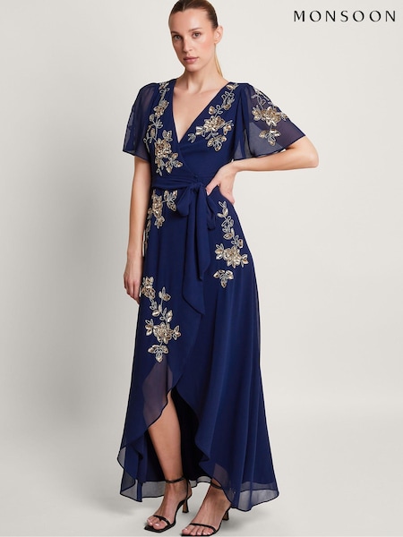 כחול  - Monsoon Sarah Embellished Wrap Dress (673784) | ‏754‏₪