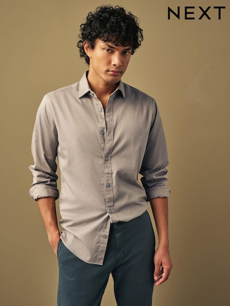 Neutral Brown Slim Fit Washed Textured Cotton Shirt (674147) | €16