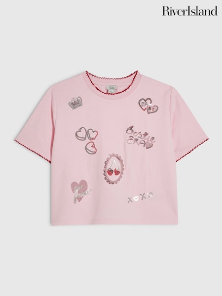 Pink - River Island Stripe Embellished T-shirt
