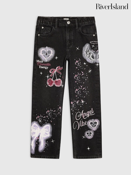 Black - River Island Angel Graffiti Straight Leg Jeans