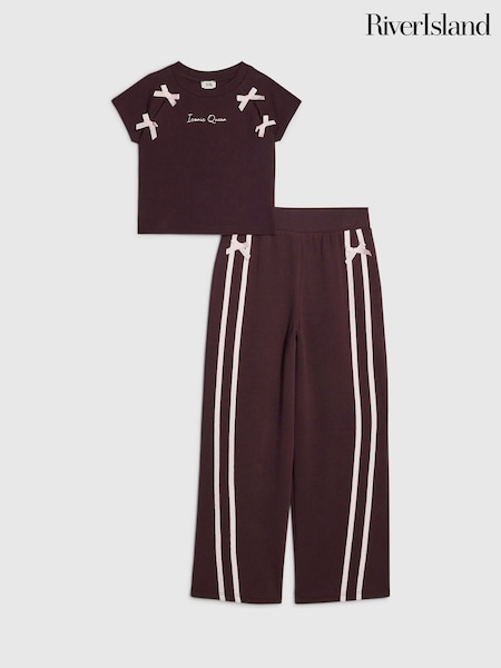 Dark Purple - River Island Bow Top & Wide Leg Joggers Set