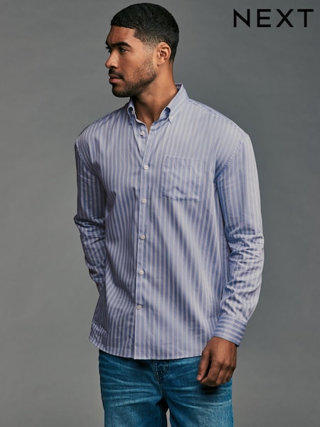 Light Blue EDIT Relaxed Fit 100% Cotton Single Cuff Striped Oxford Shirt (675184) | 74 QAR