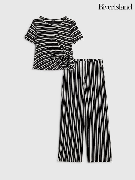 Black - River Island Stripe Textured Tie Top & Short Set