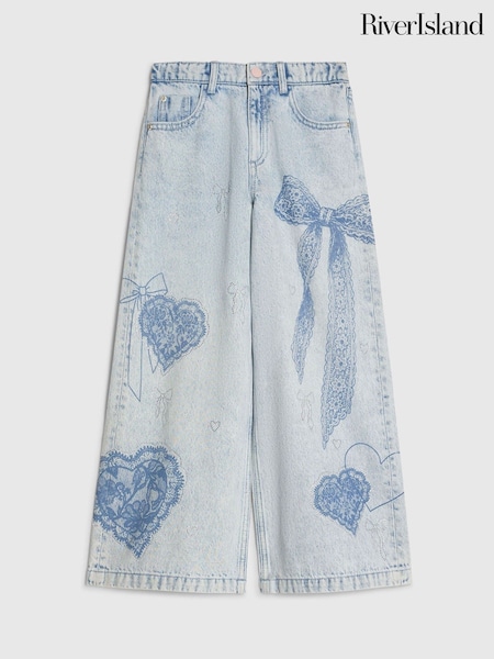 Mavi - River Island Bow Həkk olunmuş Geniş Ayaqlı Cins Şalvar