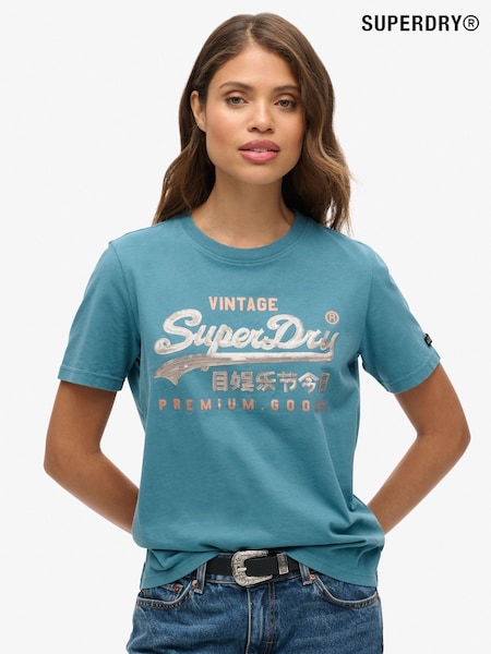 Albastru turcoaz - Tricou din bumbac cu decorațiuni VL Superdry 100% (675251) | 223 LEI