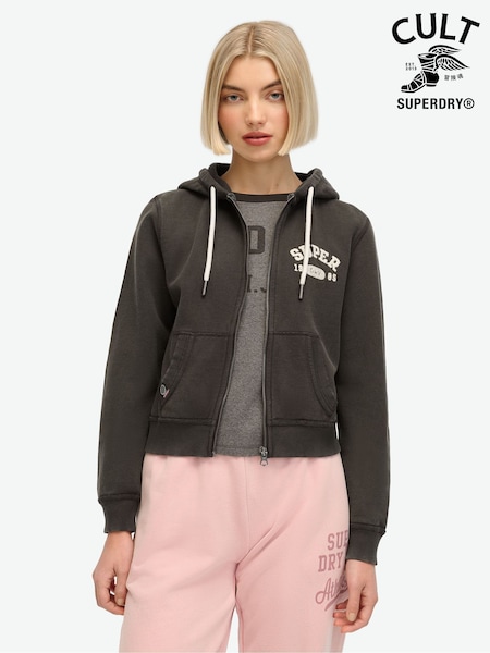 Superdry Bison Black 100% Cotton Athletic Relaxed Crop Zip Hoodie (675295) | $96