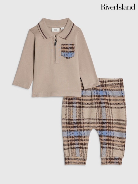 Brown - River Island Check Little Man Polo & Joggers Set