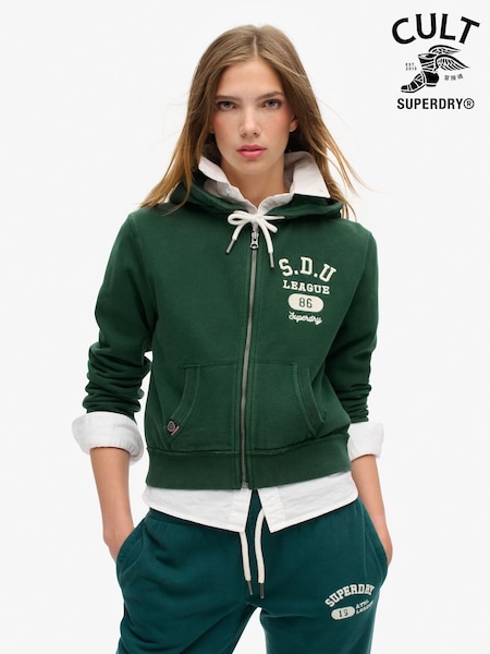 Superdry Enamel Green 100% Cotton Athletic Relaxed Crop Zip Hoodie (675738) | $96
