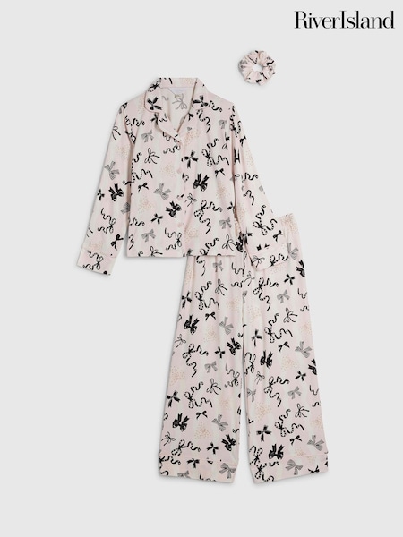 Crema - River Island Bow Button Through Pyjamas With Scrunchie